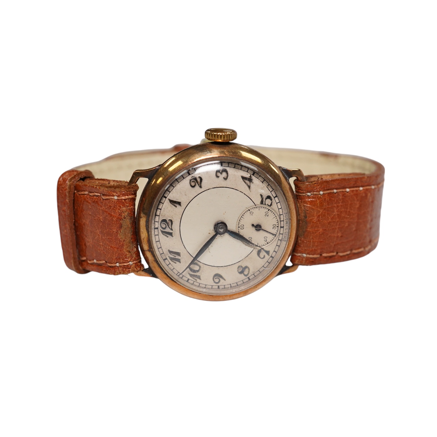 A gentleman's 1930's 9ct gold manual wind wrist watch, with Arabic dial and subsidiary seconds, case diameter 29mm, on a later leather strap. Condition - poor